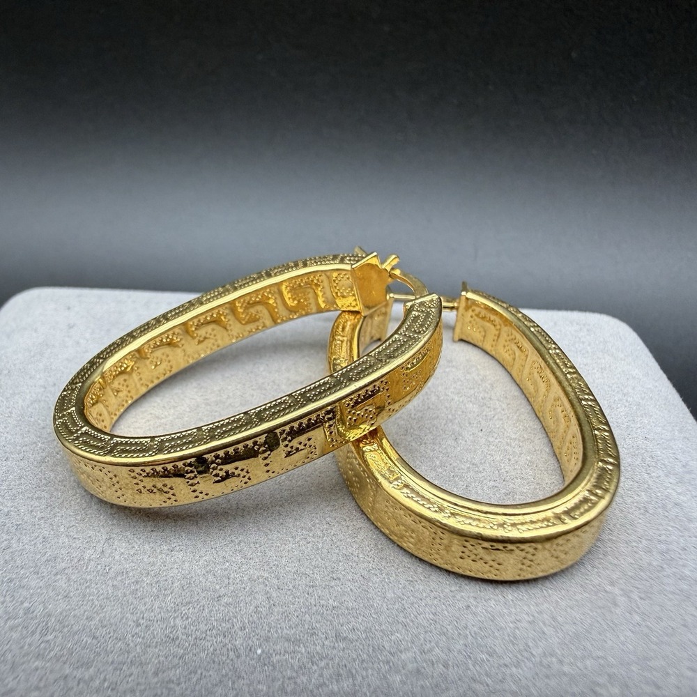 Vintage Italy 18K Yellow Gold Plated Bronze Oval Hoop Earrings Classic Greek Key
